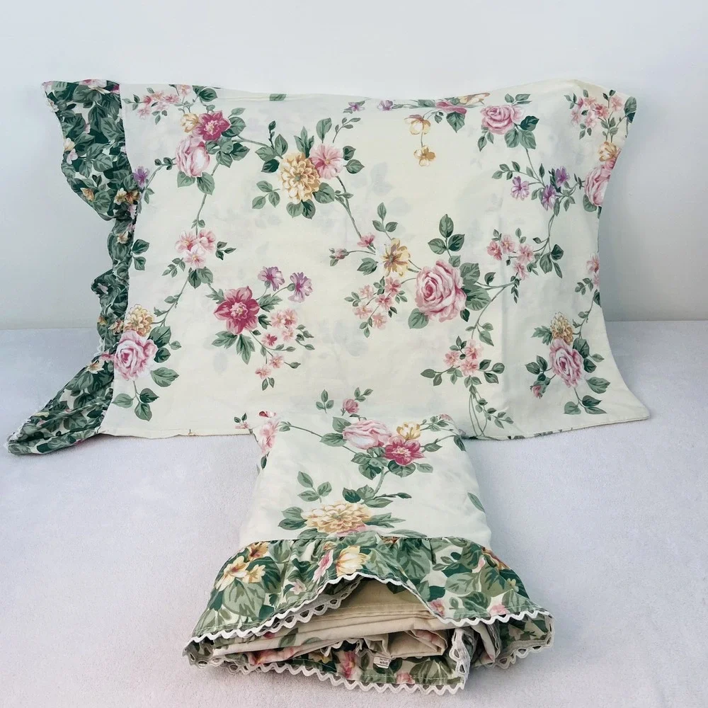Vintage Rose Floral Ruffle Top Flat Sheet 1 Pillow Case Full Size GrannyCore